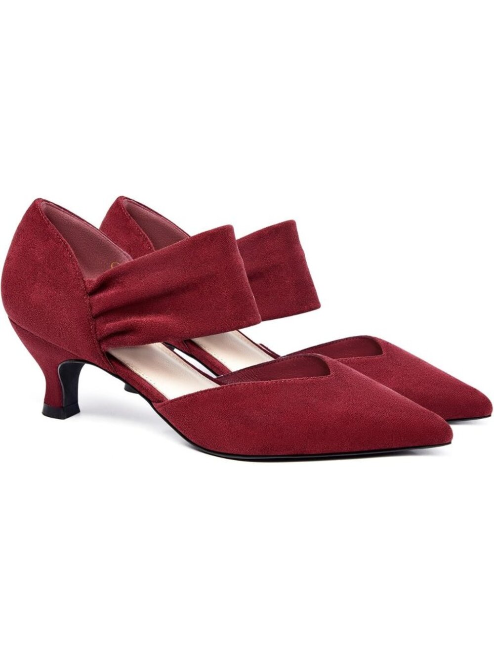 Women's Wine Red Low Kitten Heels Shoes Pointed Toe Slip on Ankle Strap Pumps